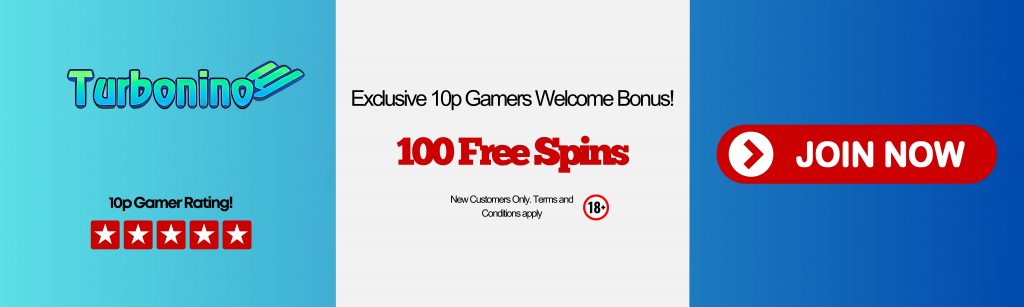 Turbonino bonus banner – 100 free spins UK welcome offer with huge games library